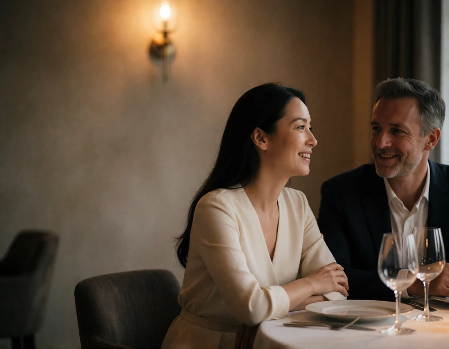 Chinese woman and a Western man sitting together at a fine-dining table, mid-conversation and smiling.