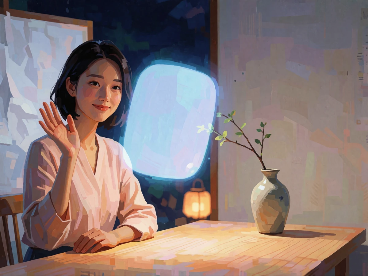 Asian woman in a blush blouse smiling and waving during a live video call at a bright wooden table.