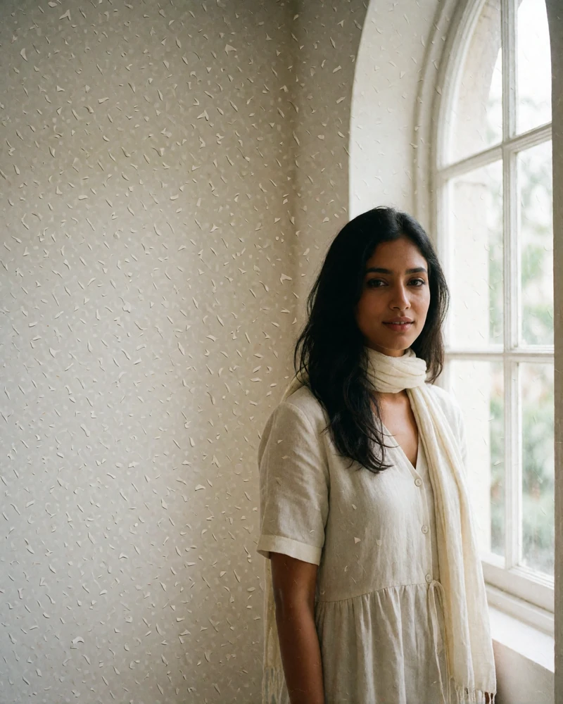 Indian woman in a cream cotton dress standing beside a tall arched window.