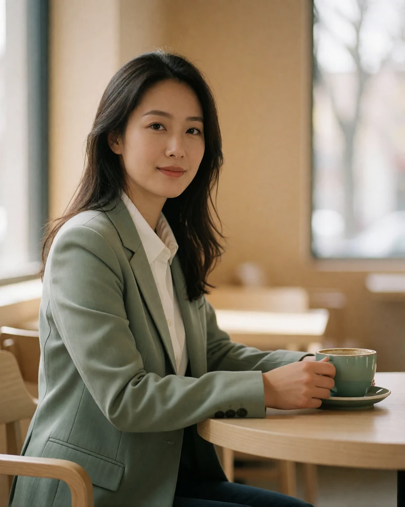 Chinese woman in a sage-green blazer seated at a café table with a warm smile.