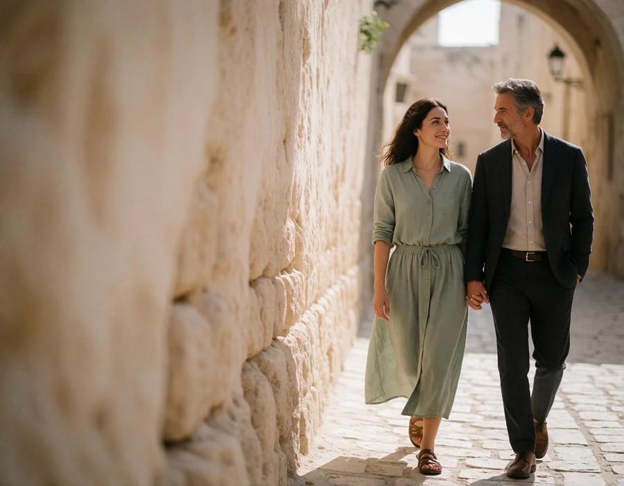 Couple walking hand in hand along a sunlit old-town street of pale stone.