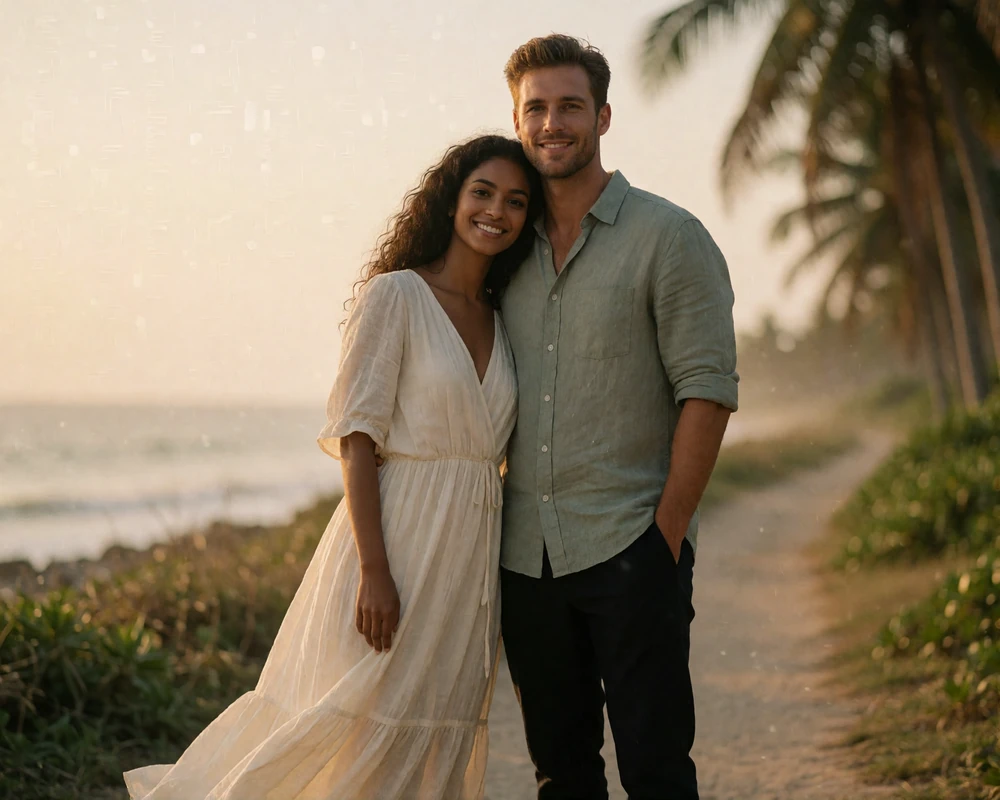 Couple walking along a palm-lined coastal path at golden hour, the woman in a flowing ivory dress.