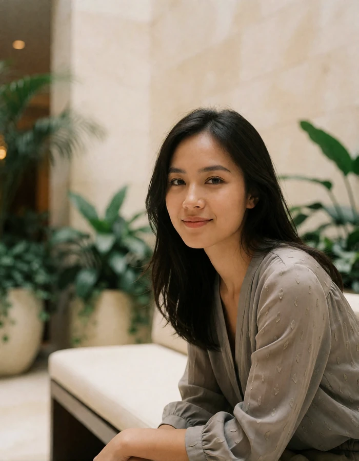 Indonesian woman in a warm gray blouse seated on a bench in a bright hotel atrium.