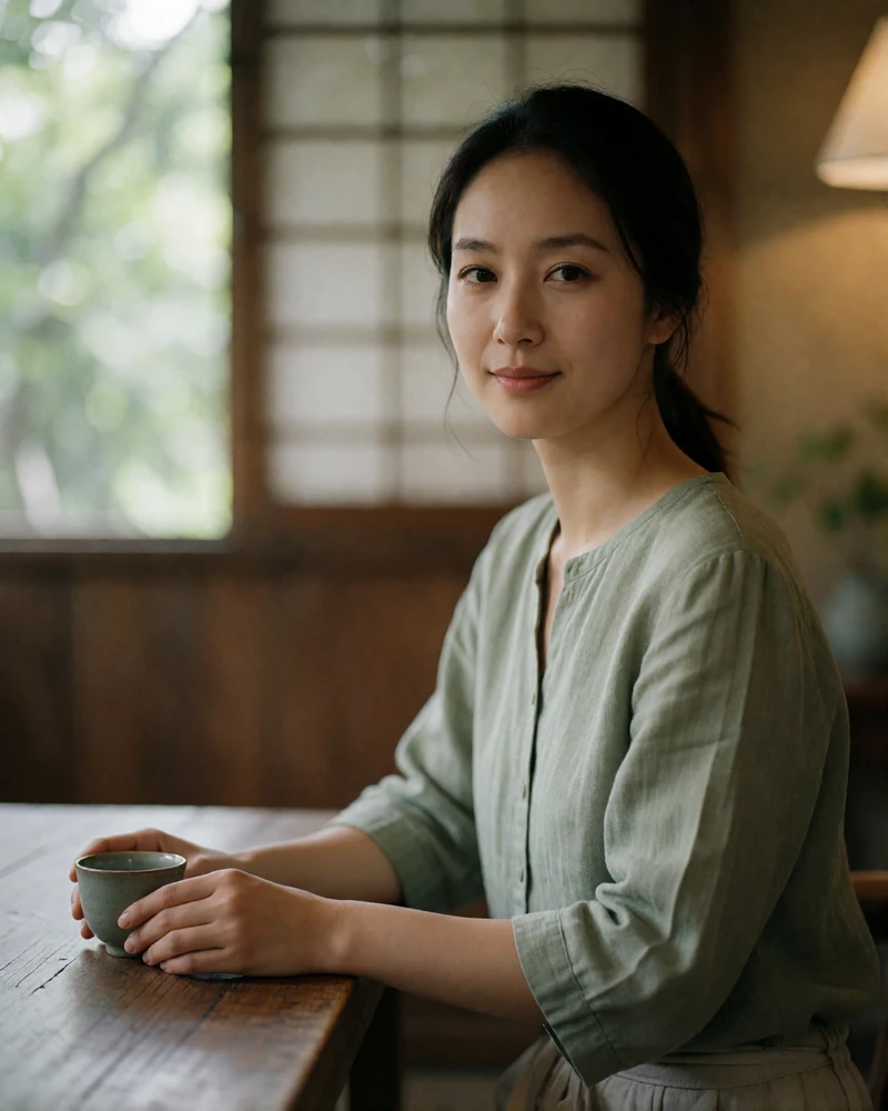 Taiwanese woman in a sage linen blouse seated at a low wooden table in a serene teahouse.
