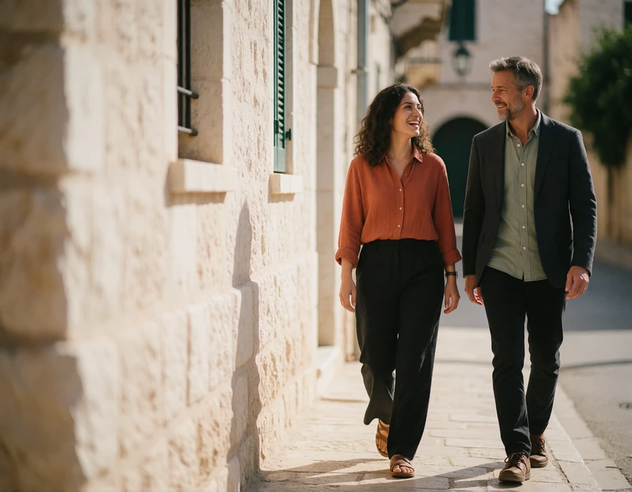 Jordanian woman and Western man walking together along a sunlit street of pale limestone buildings.