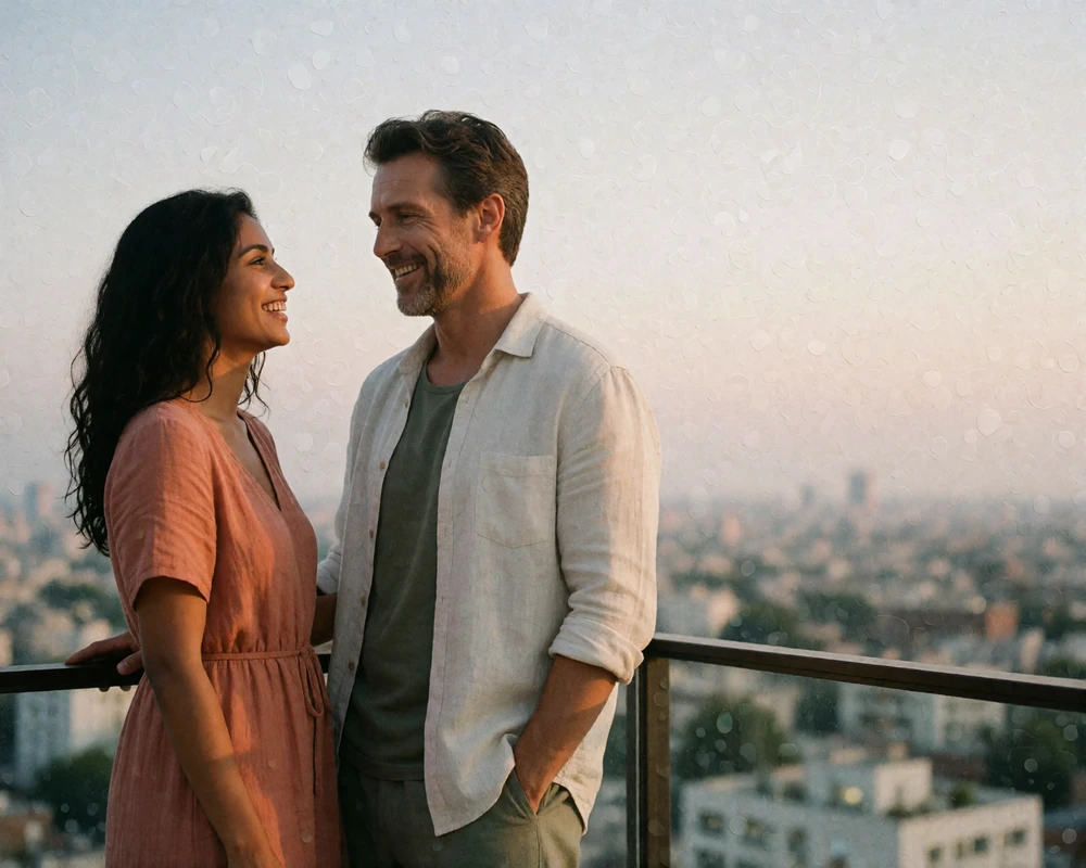 Couple laughing together at a rooftop lounge railing with a hazy city skyline at dusk.