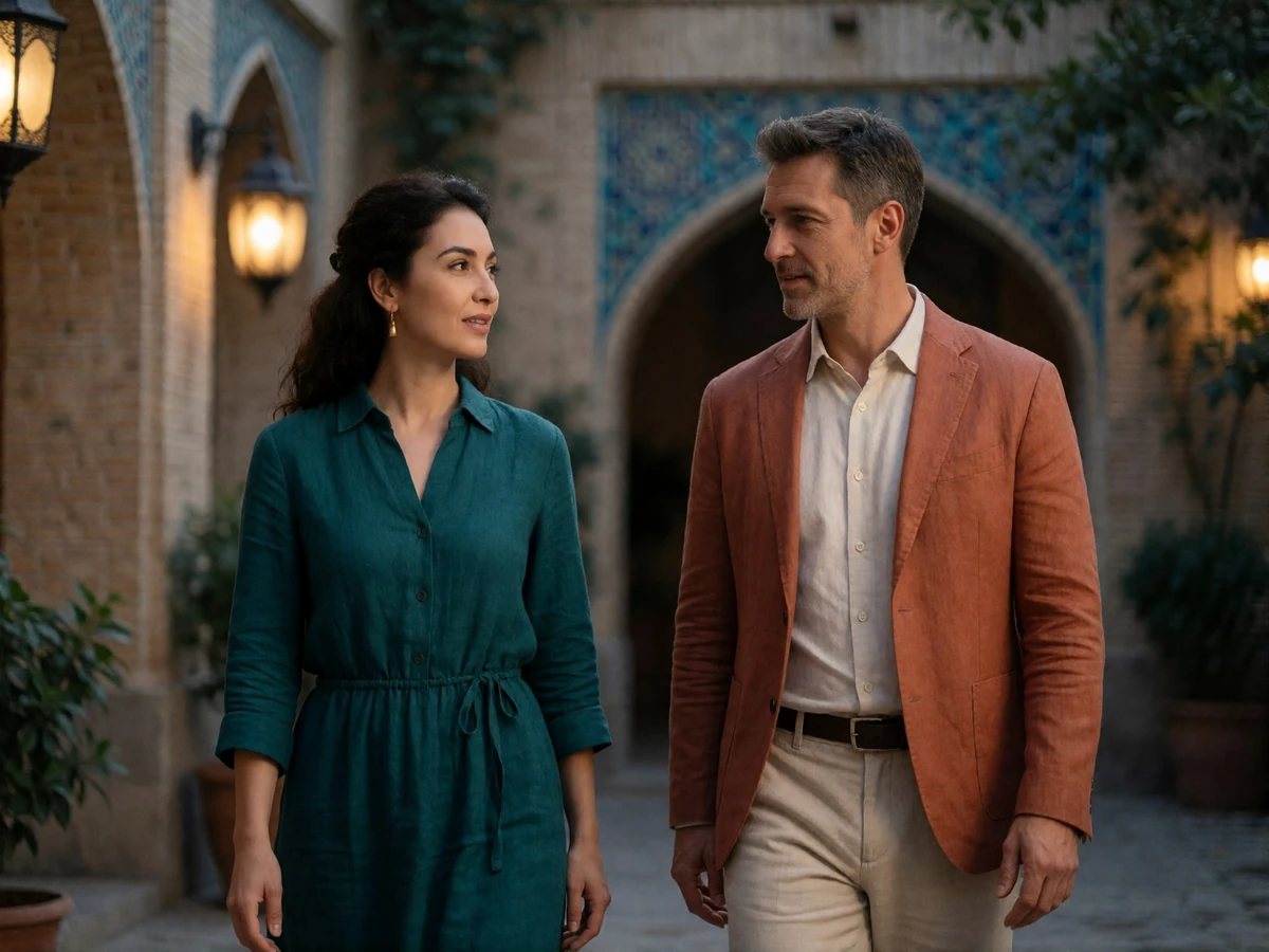 Uzbek woman and a foreign man sharing a calm conversation while walking through an elegant evening courtyard.