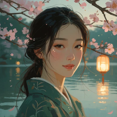 Portrait-style illustration of a woman with dark hair loosely tied back, smiling gently by a lakeside at dusk.