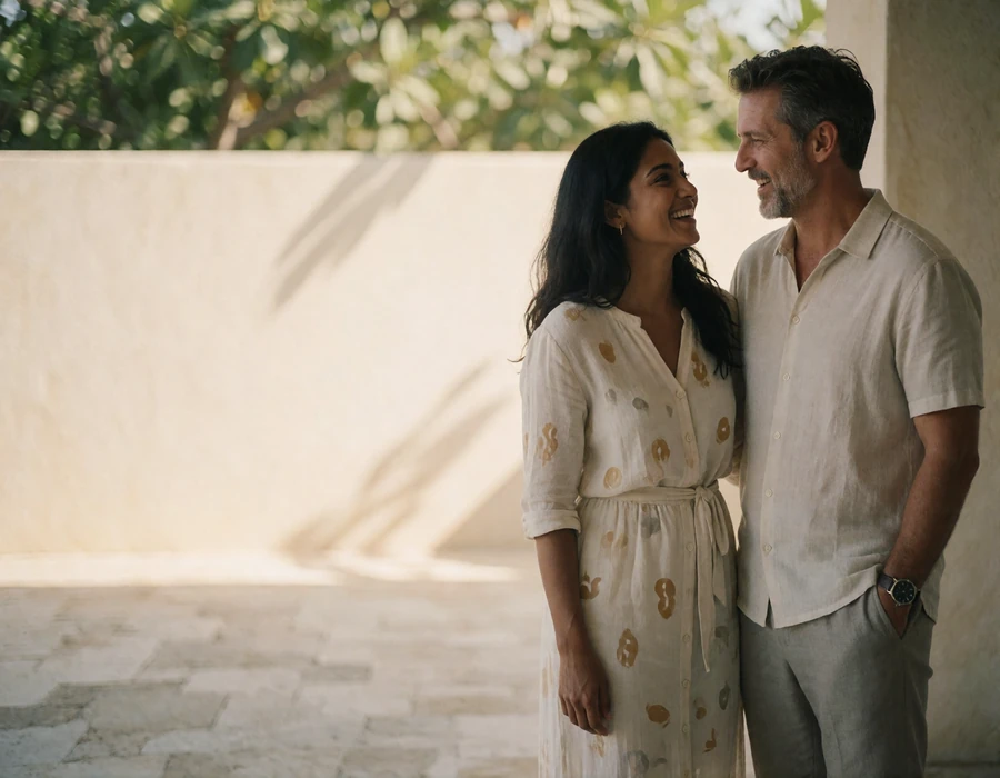 Couple laughing together on a shaded coral-stone terrace, the woman in light resort clothing.