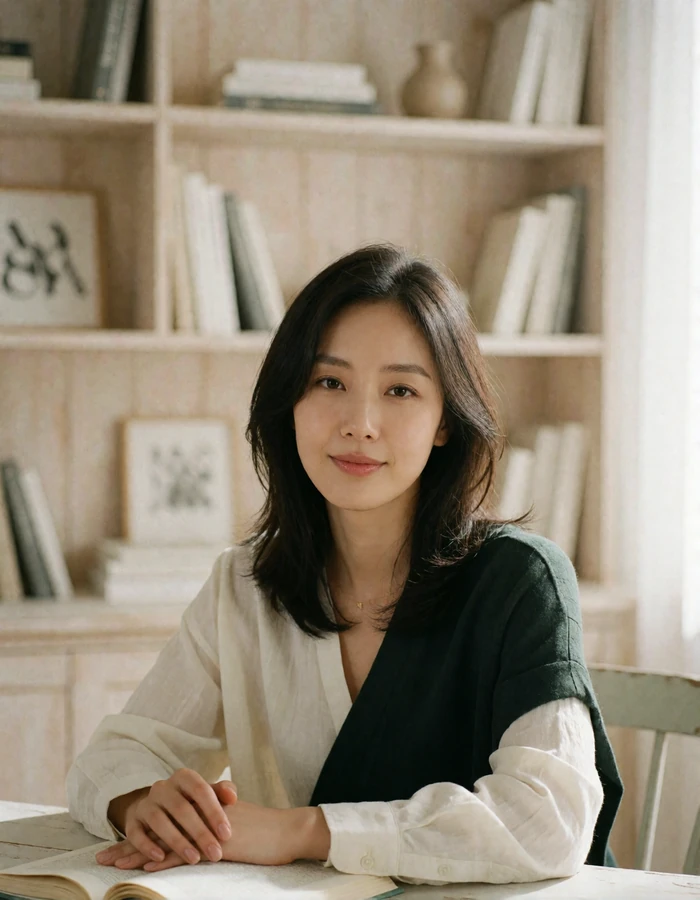 Korean woman sitting in a bright study space with pale wooden shelving softly blurred behind her.