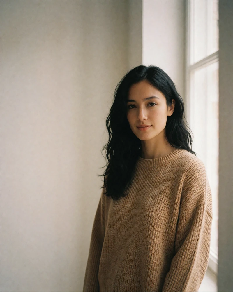 Kyrgyz woman in a camel knit jumper standing beside a bright studio window near Tokmok.