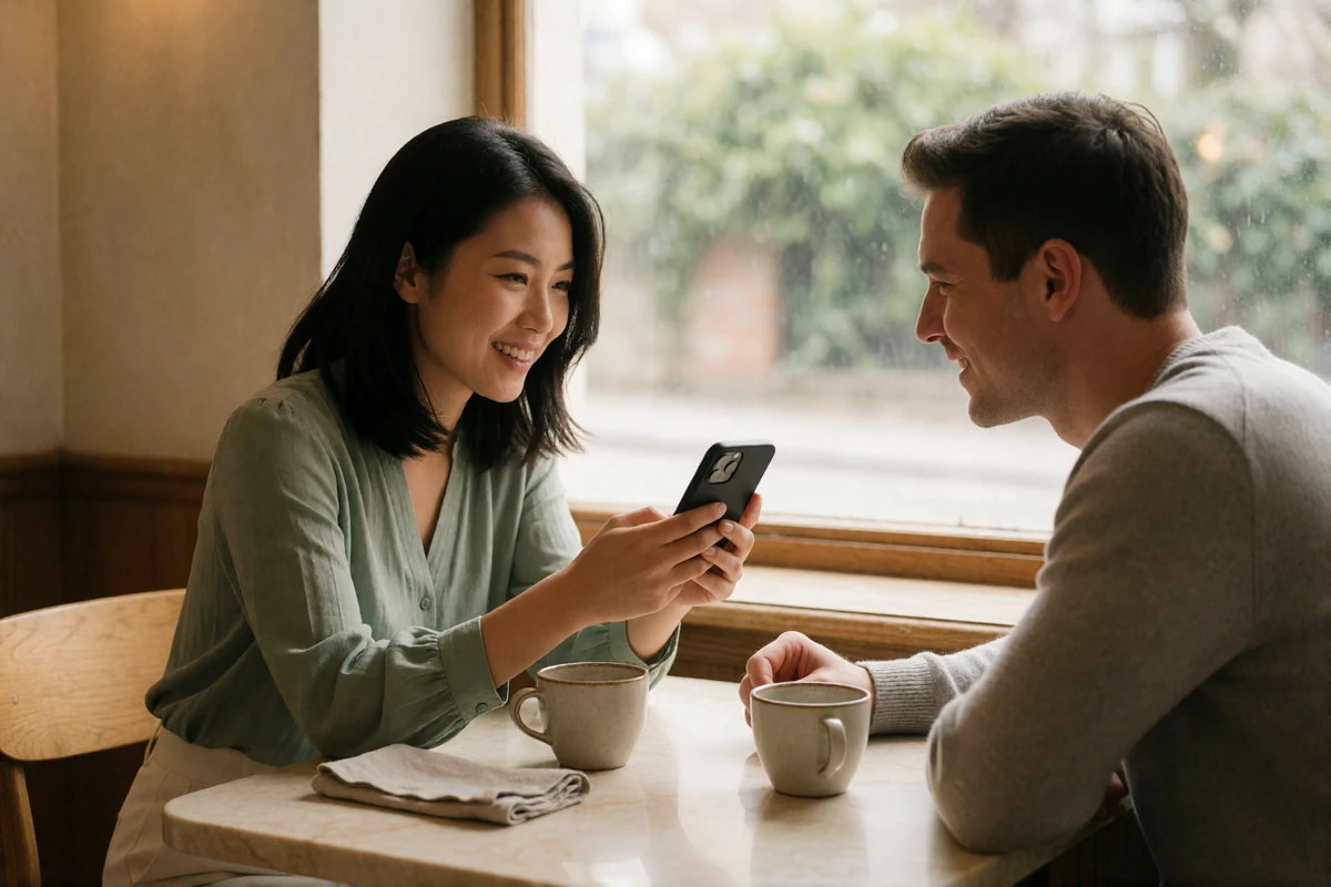 Asian woman and man smiling together while looking at a phone screen at a café table by a window.