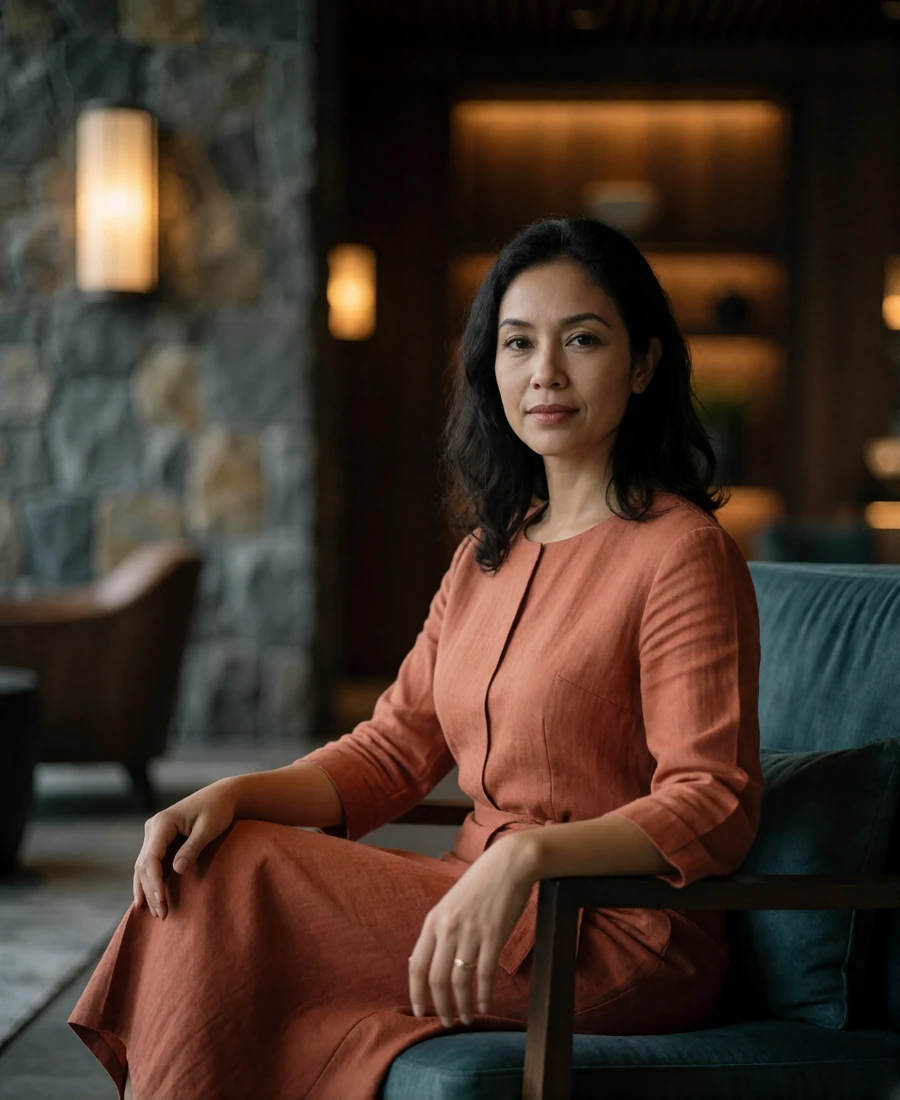 Bruneian woman in a terracotta-toned dress seated in an understated luxury lobby.