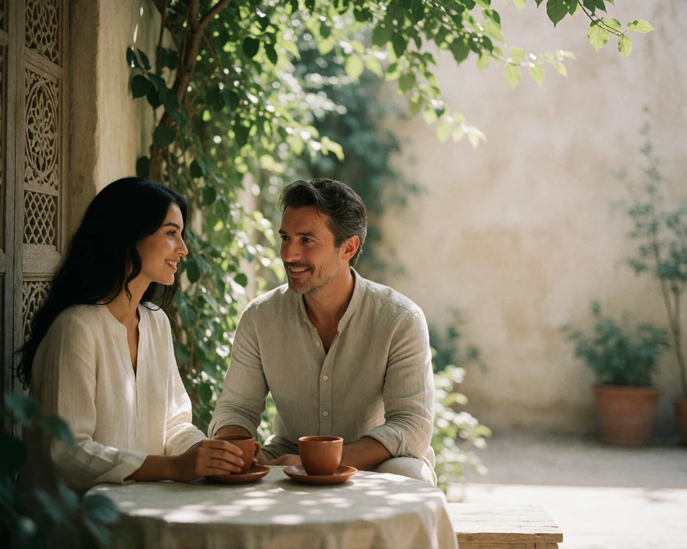 Couple sharing tea at a low table in a shaded courtyard surrounded by climbing greenery.
