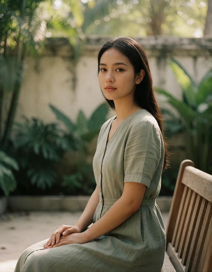 Thai woman in a muted sage dress seated on a wooden bench in a tropical courtyard garden.
