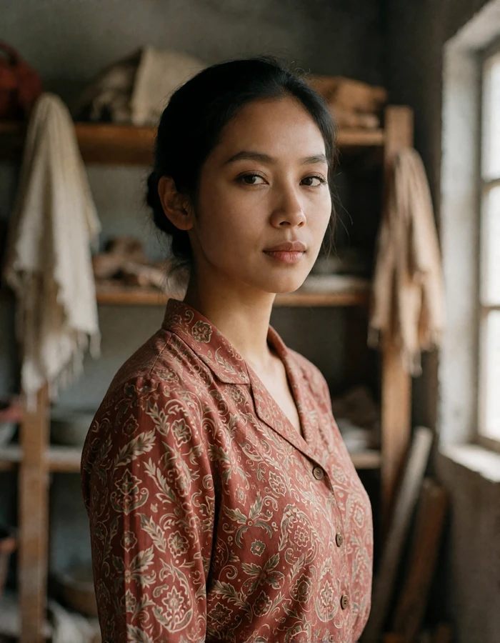 Indonesian woman in a terracotta patterned blouse standing in a quiet artisan workshop.