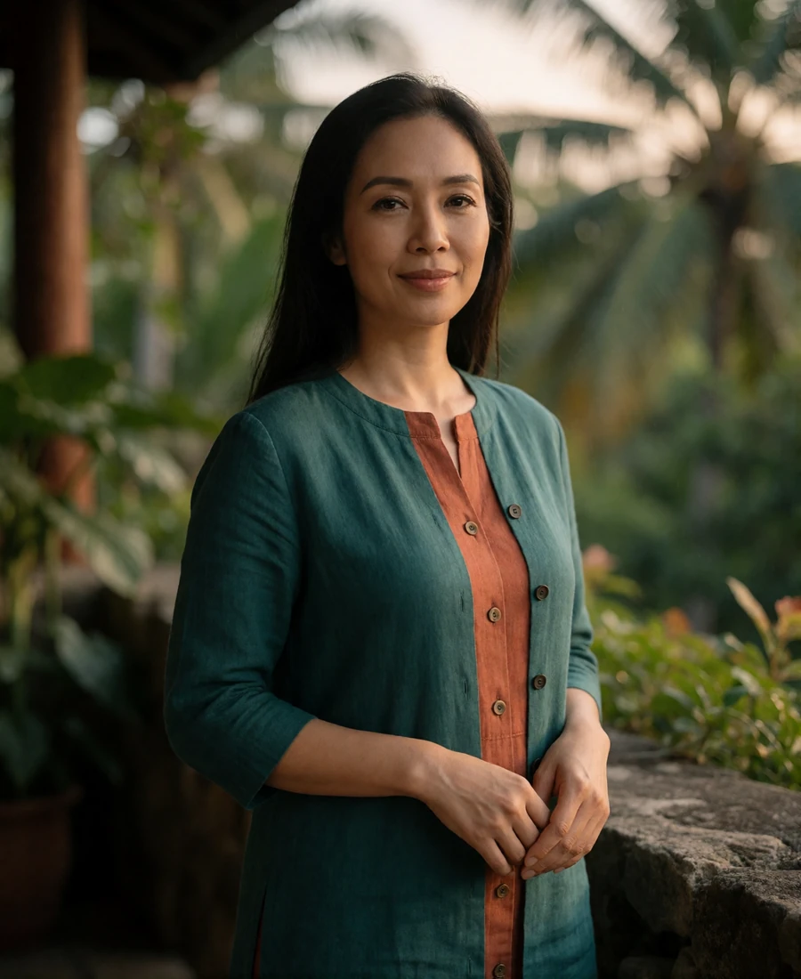Malaysian woman in a warm-linen outfit standing on a tropical garden terrace in late afternoon light.