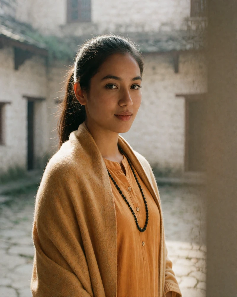 Nepali woman in a saffron-toned tunic standing in a sunlit stone courtyard.