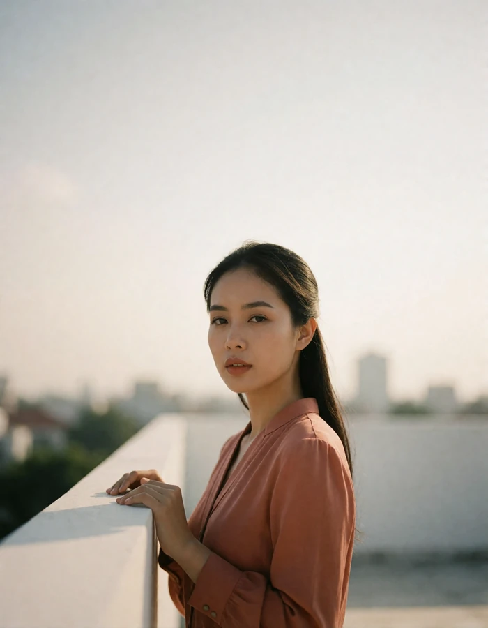 Vietnamese woman in a terracotta blouse standing on a rooftop terrace at late afternoon.