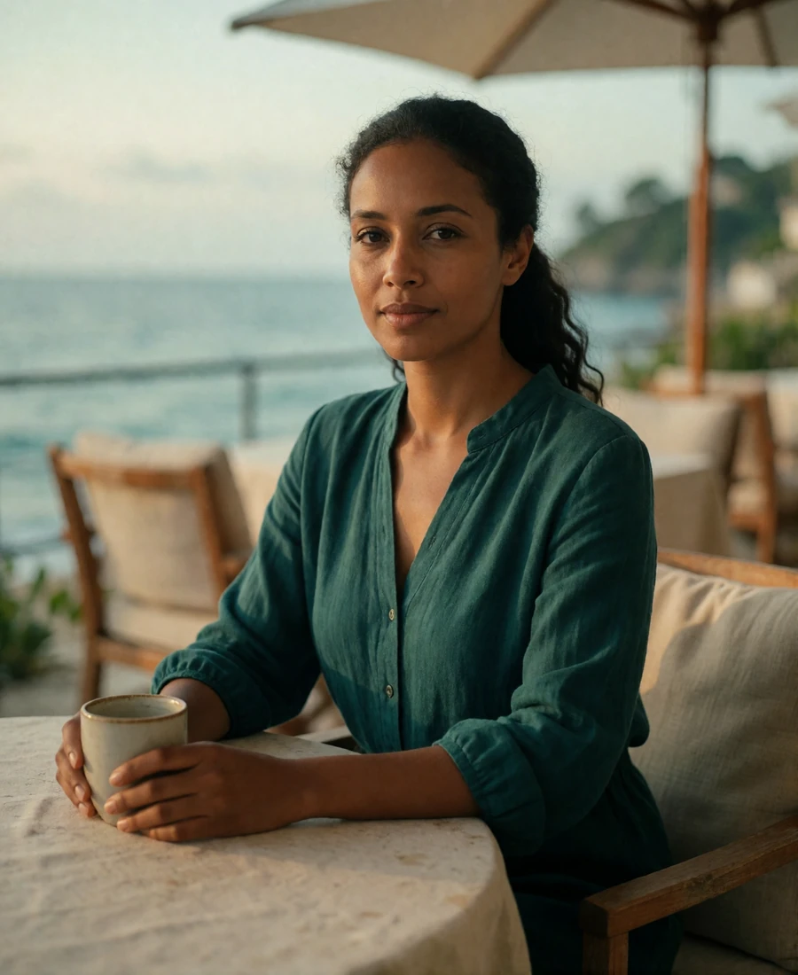 Timorese woman seated at a seaside café terrace in a deep-teal blouse.
