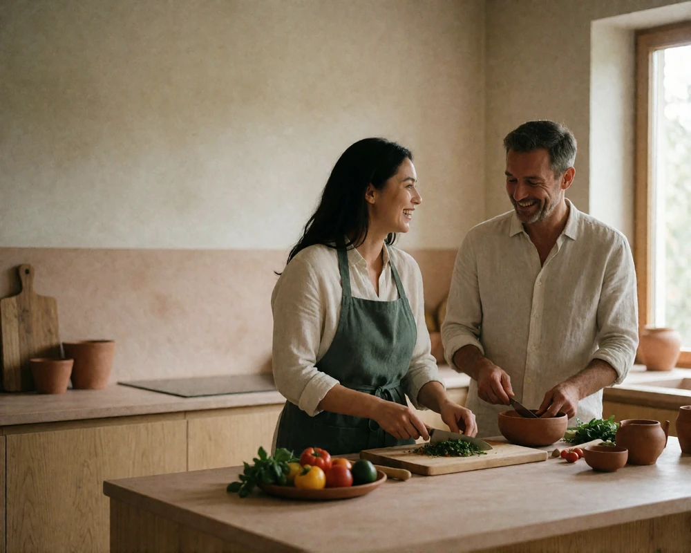 Couple laughing together while preparing food at a pale oak kitchen island.