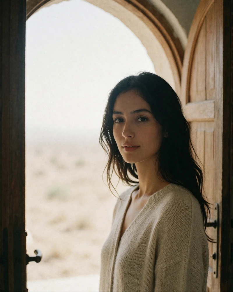 Tajik woman in an oatmeal knit standing near a bright arched doorway.