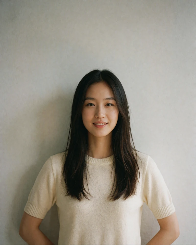 Chinese woman in a cream knit top smiling against a plain pale wall.