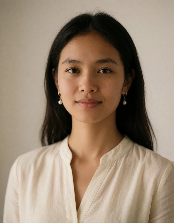 Lao woman with a gentle smile in a simple cream blouse against a warm off-white wall.