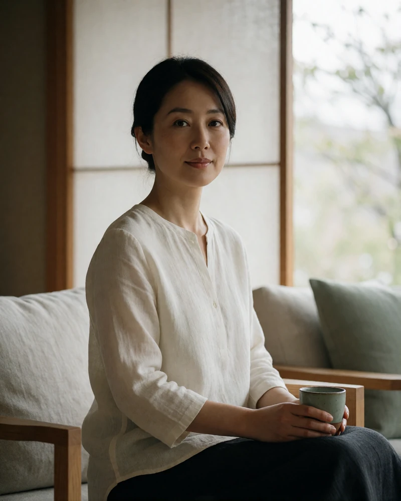 Japanese woman seated in a modern tea lounge