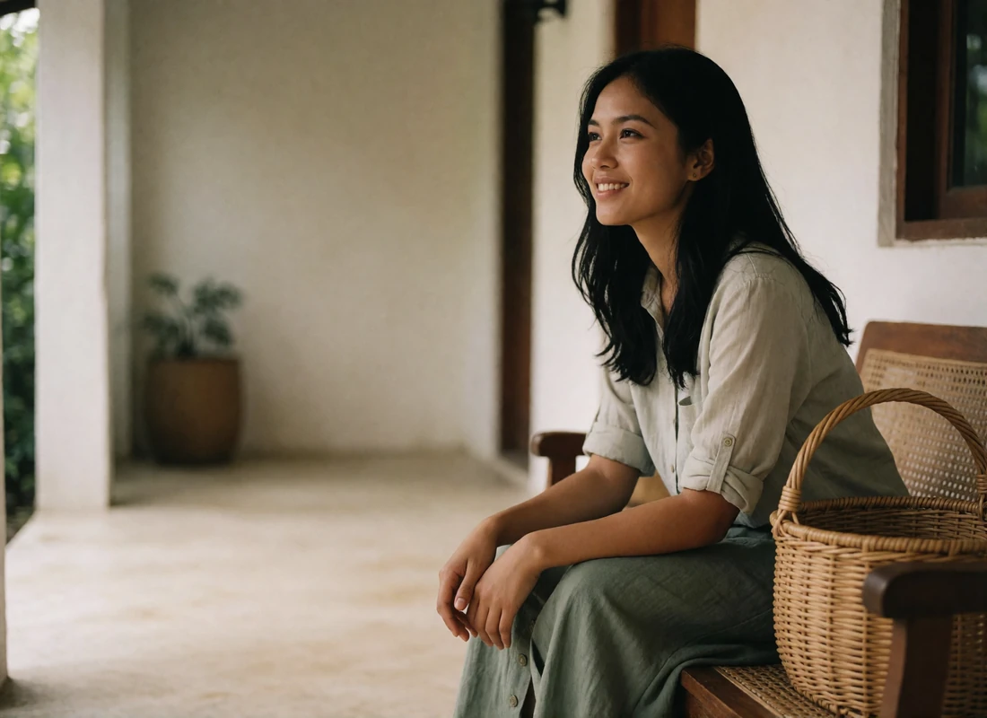 Filipina woman seated on a shaded wooden veranda beside a woven basket, looking off camera with a cheerful expression.