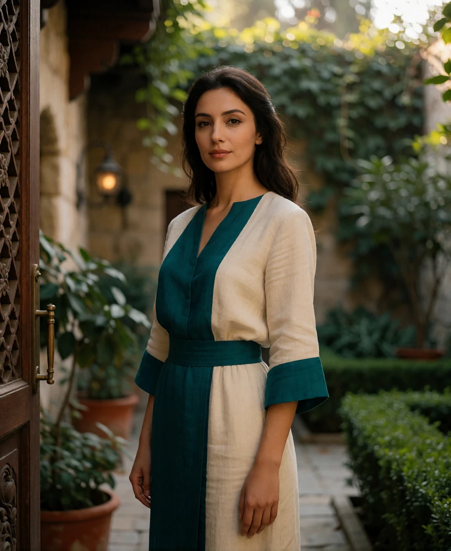 Uzbek woman in a cream and deep-teal outfit standing in an elegant garden courtyard with carved timber accents.