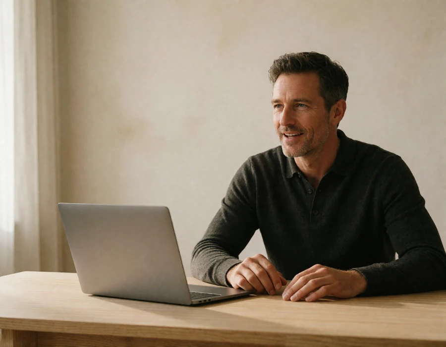 Man sitting at a home desk speaking warmly during a video conversation.