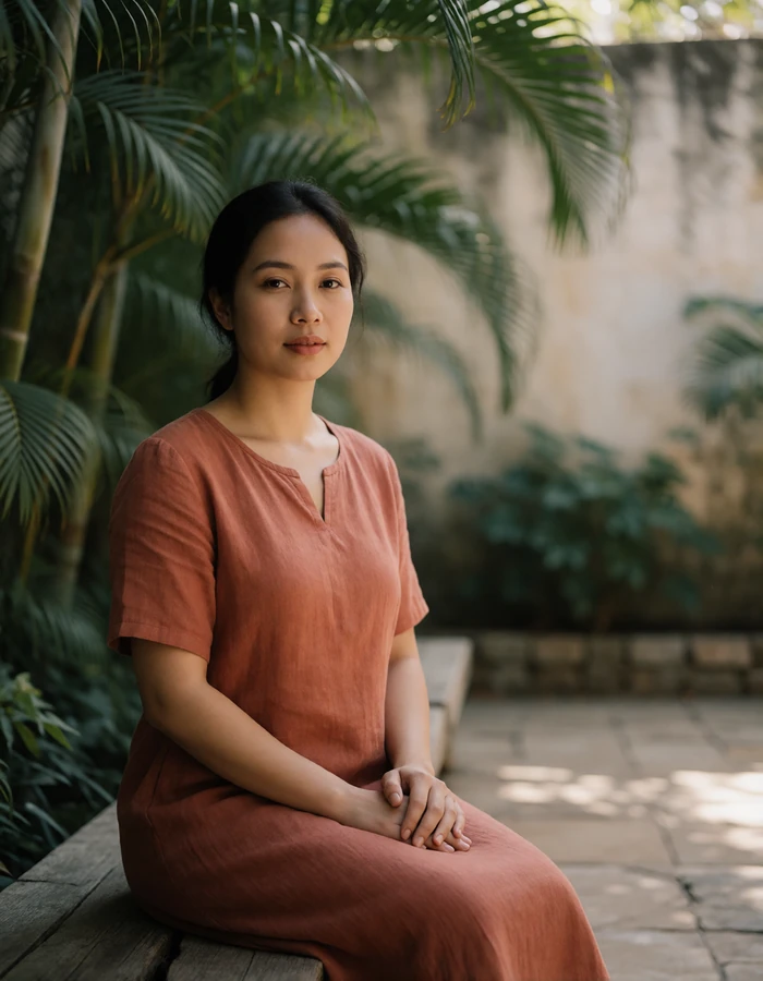 Cambodian woman seated on a wooden bench in a shaded garden courtyard.