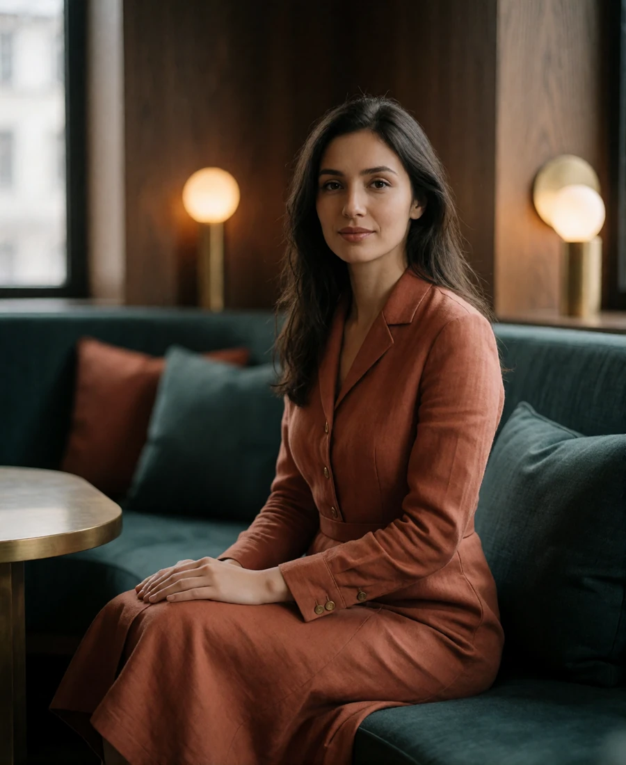 Uzbek woman in a terracotta tailored dress seated in a refined modern lounge with warm ambient light.