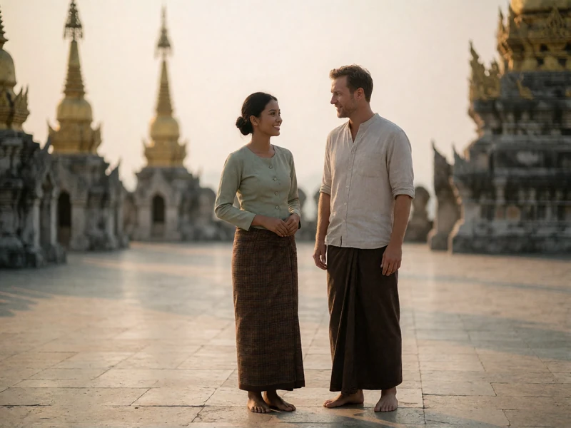 Couple standing together on a broad stone pagoda terrace in late afternoon light, exchanging a quiet smile.
