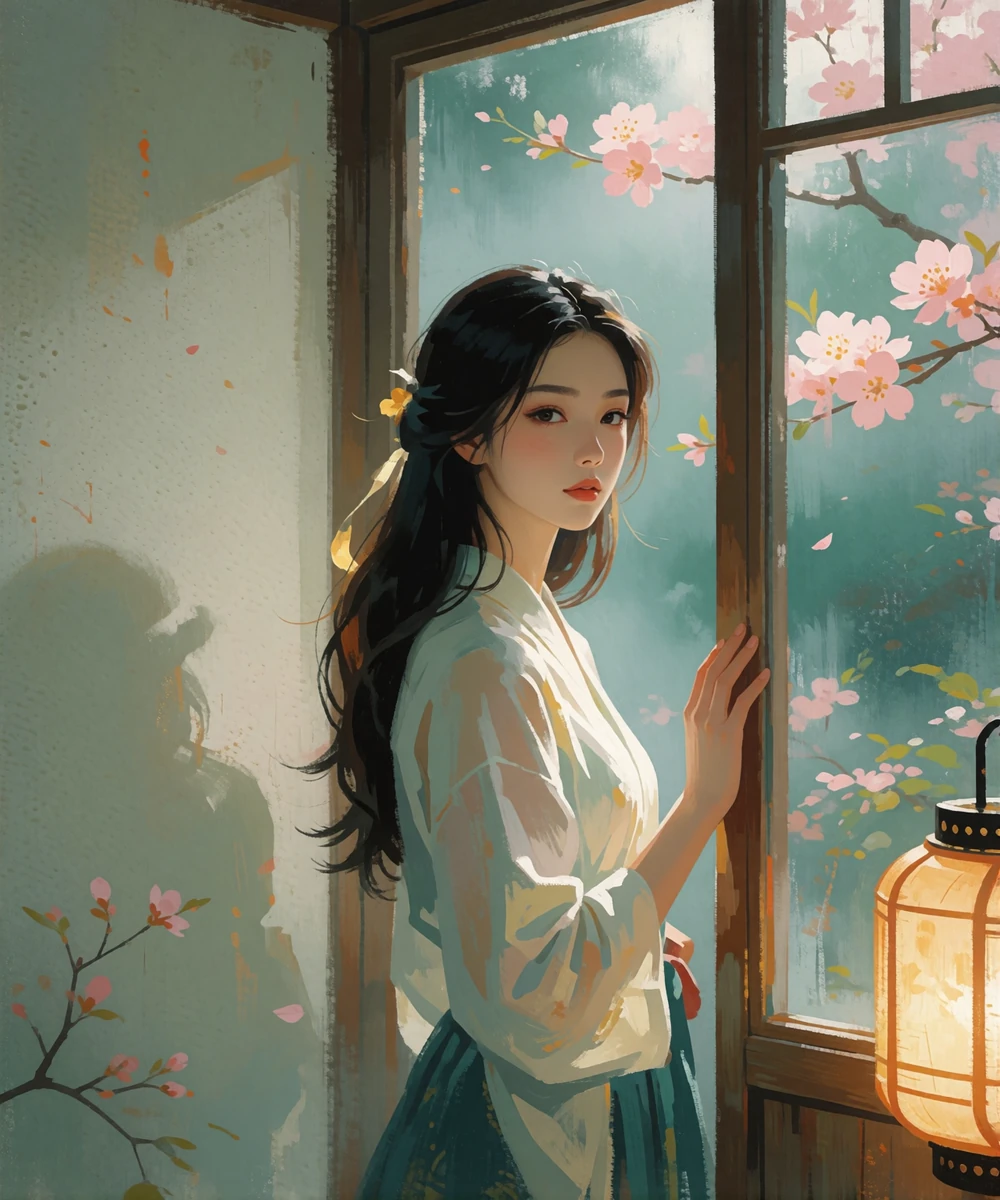 Illustrated portrait of a young woman pausing beside a tall wooden window in a softly lit interior.