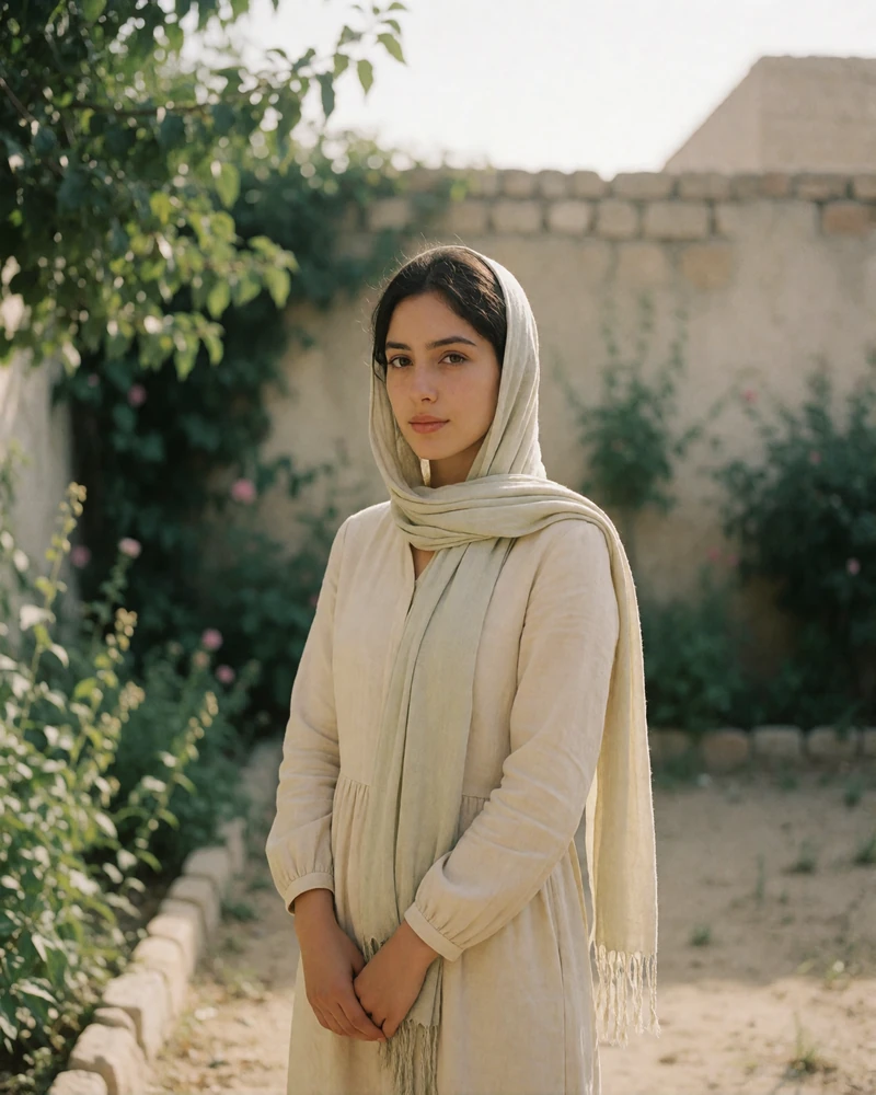 Afghan woman standing calmly in a quiet walled garden with a lightly draped headscarf.