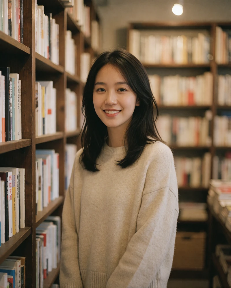 Taiwanese woman in an oatmeal sweater smiling beside wooden bookshelves in a quiet bookshop.