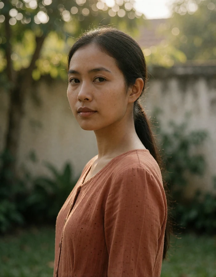 Lao woman in a terracotta blouse standing under dappled afternoon light in a quiet garden.