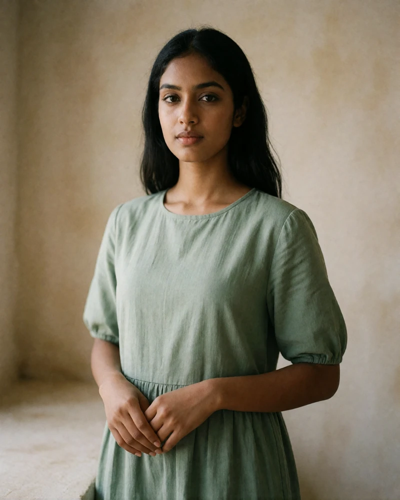 Sri Lankan woman in a sage green cotton dress standing against a plaster wall.