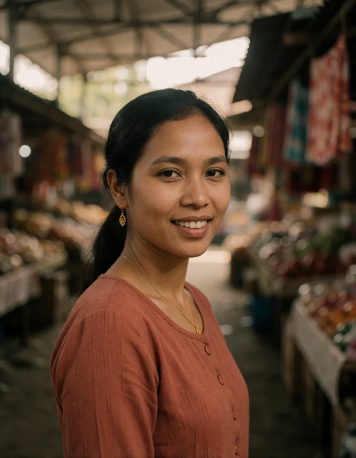 Burmese woman smiling in the shaded aisle of a covered market wearing a terracotta blouse.