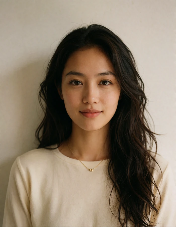 Indonesian woman with long dark wavy hair smiling softly against a plain warm off-white wall.