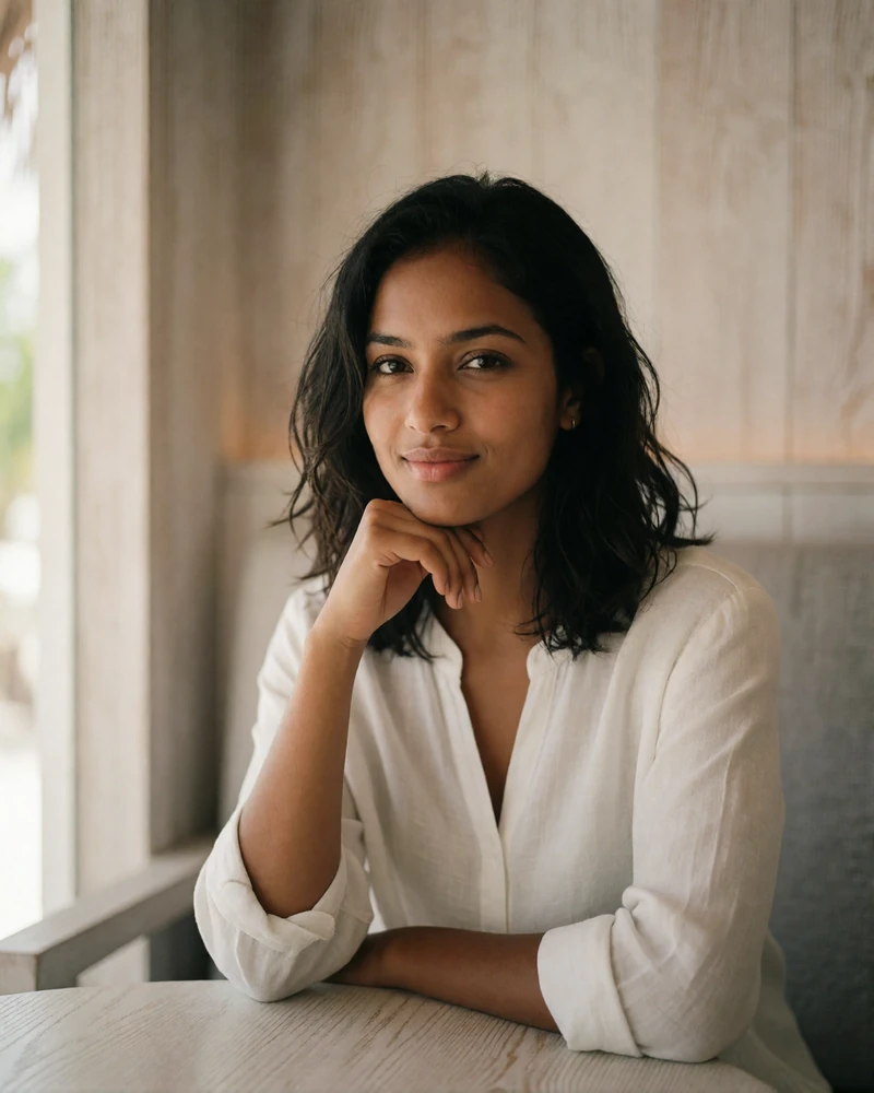Maldivian woman in a white linen shirt smiling gently at a small café table by a window.