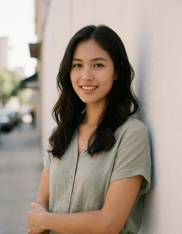 Filipina woman in a sage blouse standing against a pale wall on a bright city street.