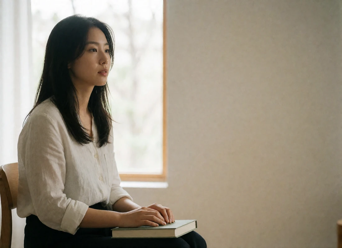 Korean woman sitting quietly near a bright window in a simple modern room, holding a closed book.