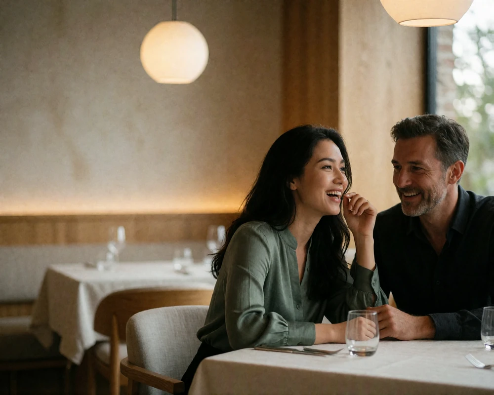 Couple laughing together at a small restaurant table lit by warm pendant light at dusk.