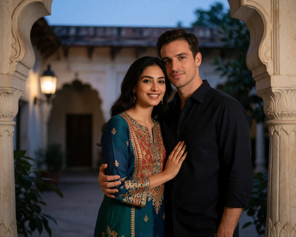Couple standing together in a lantern-lit heritage courtyard at dusk, the woman in a jewel-toned embroidered dress.