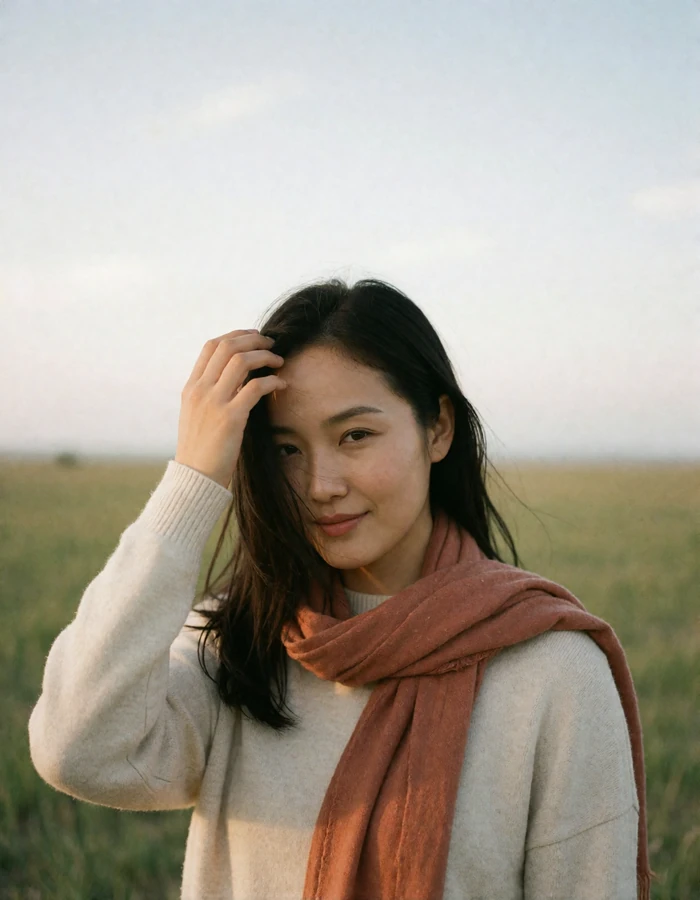 Mongolian woman wearing a terracotta scarf standing in open grassland at late afternoon light.