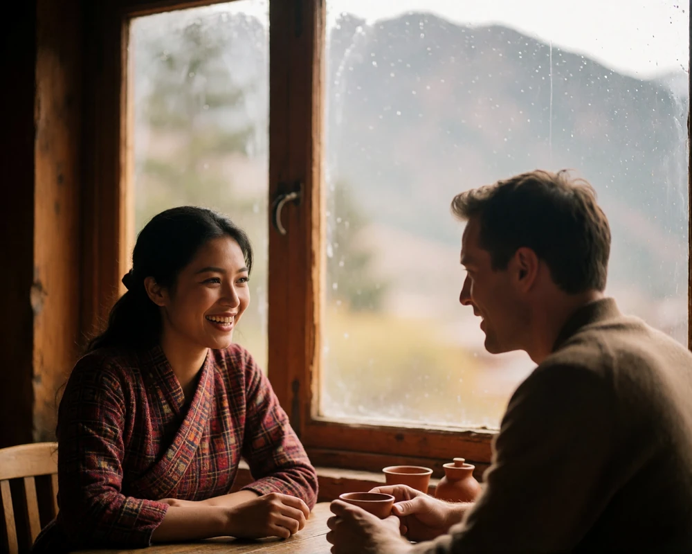 Couple seated by a large window in a warm timber tea house, sharing a relaxed conversation.
