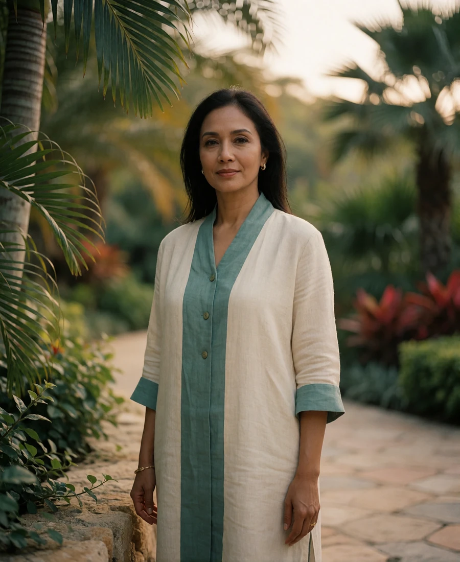 Bruneian woman in a cream outfit standing on a garden path bordered by palms.